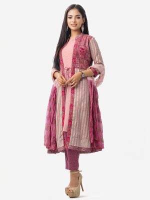 Women's ethnic printed salwar kameez in georgette fabric. Band collar, three-quarter sleeves, embroidery at front. Georgette Inner, siphon dupatta with crepe palazzo pants.